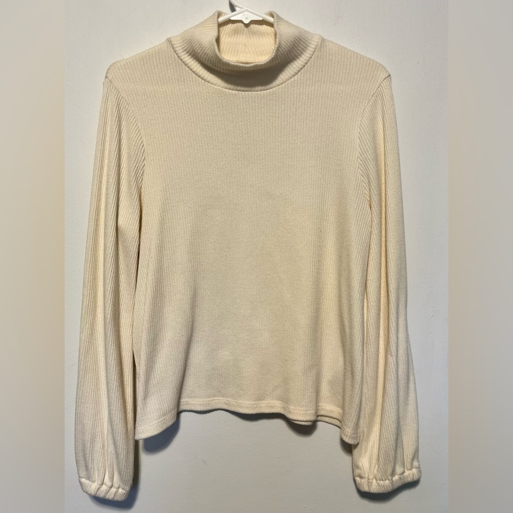 Madewell Antique Cream Mock Neck Bubble Sleeve Ribbed Knit Top Women Size L - Picture 2 of 8
